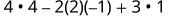 A mathematical expression showing operations of multiplication, subtraction, and addition: 4 multiplied by 4, minus 2 multiplied by 2 multiplied by -1, plus 3 multiplied by 1.