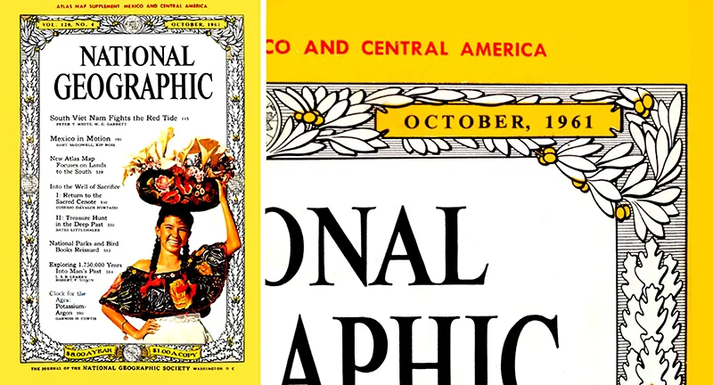 Image on the magazine cover is of a smiling young woman wearing colorful clothing and carrying a large basket of flowers and fruit on her head.