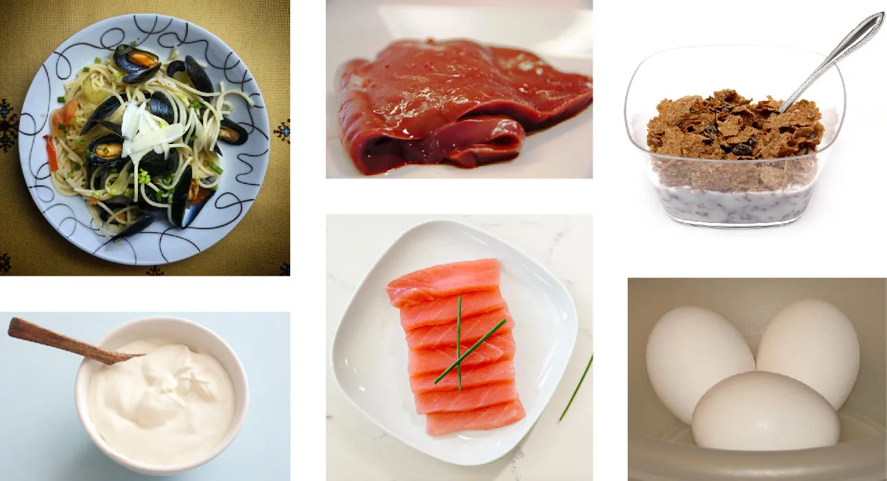 Foods rich in Vitamin B12 including mussels, liver, cereal, sour cream, fish, and eggs.