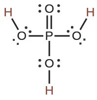 Lewis structure of phosphoric acid (H3PO4), depicting a central phosphorus atom double-bonded to one oxygen and single-bonded to three other oxygen atoms, each of which is bonded to a hydrogen atom.