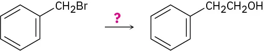 Benzyl bromide reacts with unknown reagent(s) depicted by question mark to produce 2-phenylethanol.