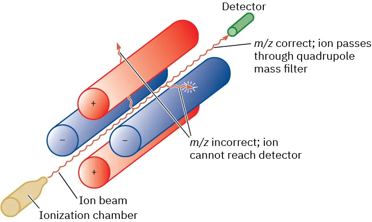 A schematic of the jagged path of an ion beam through a space surrounded by four tubes (two positive, two negative, arranged with like charges opposite one another).