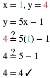A step-by-step mathematical verification is shown, starting with x=1 and y=4, and the equation y=5x-1. The values are substituted into the equation, leading to the confirmation 4=4 with a checkmark.