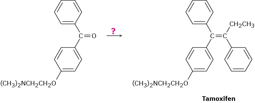 Ketone transforms to tamoxifen, replacing the carbonyl oxygen of ketone with a carbon linked to ethyl and benzene in tamoxifen. The unknown reagent is depicted as a question mark.
