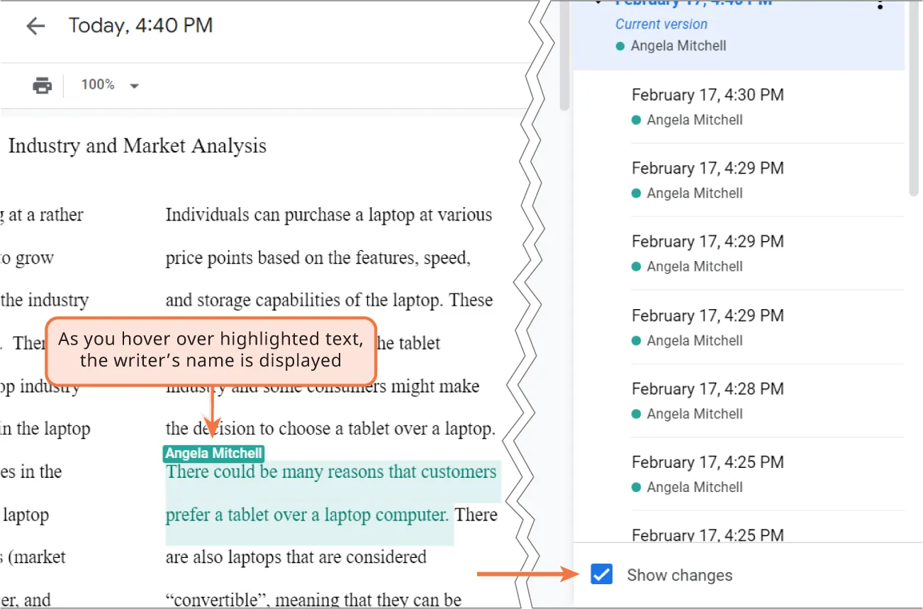 As you hover over the highlighted text, the writer’s name is displayed. A box is checked for Show changes.