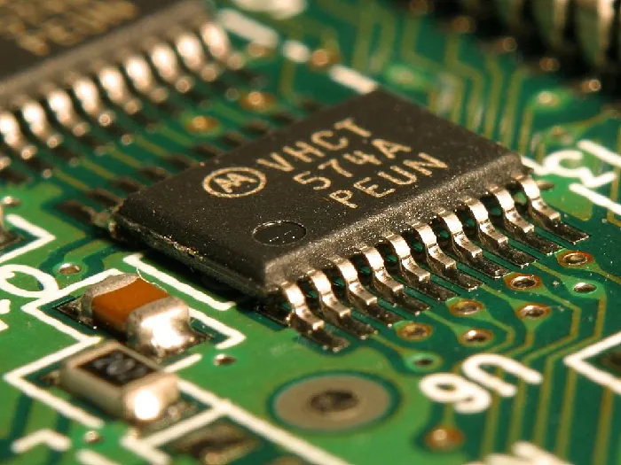 A photo shows a detailed perspective of silicon chips within a computer circuit.