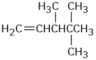 A condensed structural formula for a five-carbon chain that (counting from left) has a double bond at first carbon and methyl groups at third, fourth, and fourth carbon.