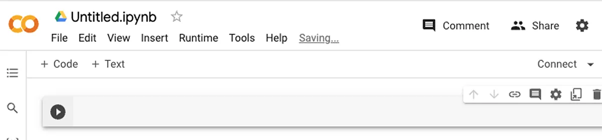 A screenshot of an empty Jupyter Notebook within Google Colaboratory. The notebook is named Untitled.jpynb.