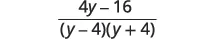 A mathematical expression displaying a fraction. The numerator is '4y - 16', and the denominator is '(y - 4)(y + 4)'.