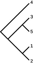 A basic phylogenetic tree diagram with five numbered tips (1, 2, 3, 4, 5) showing hierarchical relationships.
