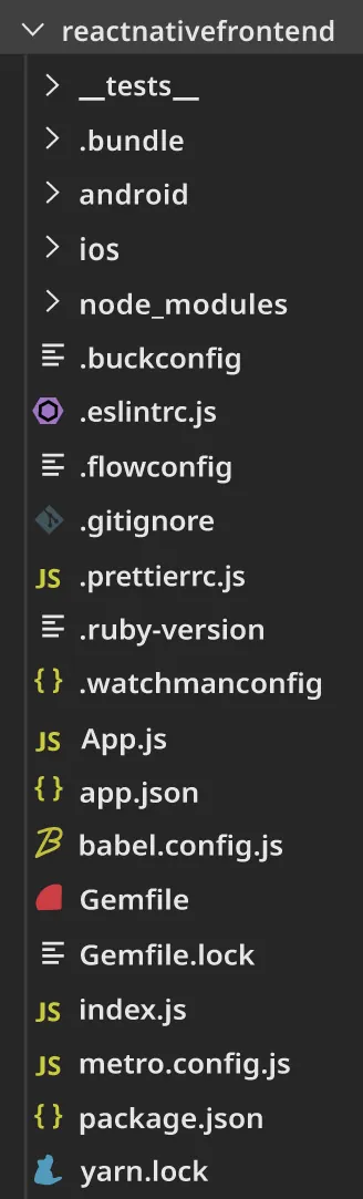 Screenshot of React Native application files in the reactnativefrontend/ directory.
