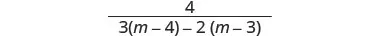 A mathematical expression featuring a fraction with '4' as the numerator and '3(m-4) - 2(m-3)' as the denominator, suitable for algebraic simplification.