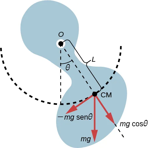 Un dibujo de un péndulo físico. En la figura, el péndulo es un objeto de forma irregular. El centro de masa, CM, está a una distancia L del punto de apoyo, O. El centro de masa traza un arco circular, centrado en O. La línea que va de O a L forma un ángulo theta en sentido contrario a las agujas del reloj con respecto a la vertical. Las tres fuerzas se representan con flechas rojas en el centro de masa. La fuerza m g señala hacia abajo. Sus componentes son menos m g seno theta, el cual señala tangente al arco trazado por el centro de masa y m g coseno theta, el cual señala radialmente hacia afuera.