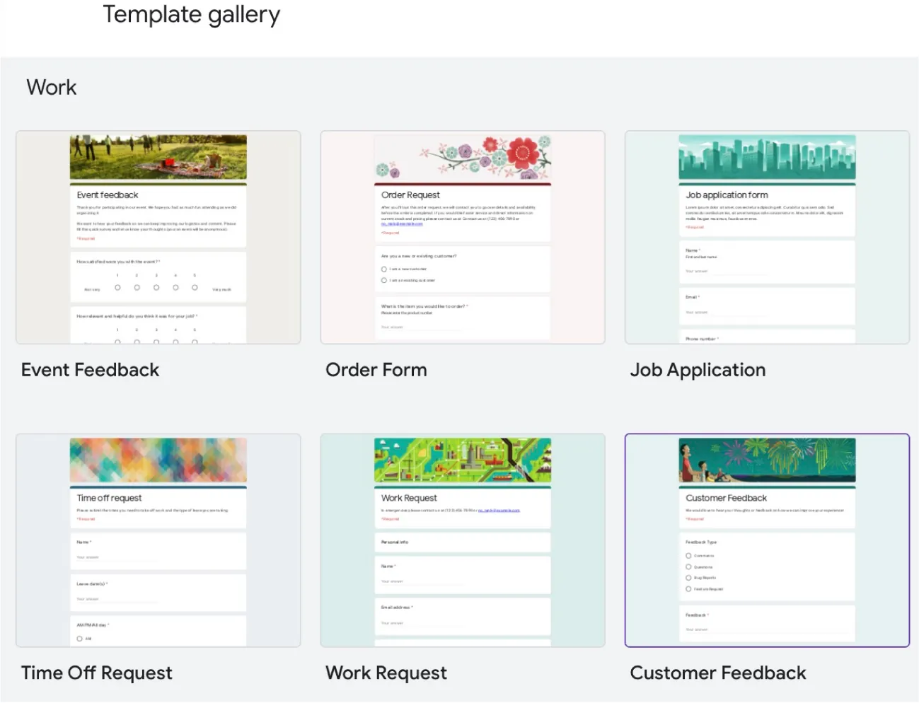 A Template gallery is visible with options for templates shown in a variety of types and styles: (Event Feedback, Order Form, Job Application, Time Off Request, Work Request, and Customer Feedback (selected)).