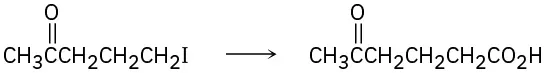 5-iodopentan-2-one separated from 5-oxohexanoic acid by a reaction arrow.