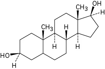 Cyclopentane with wedged hydroxyl, dashed hydrogen fused to cyclohexane with wedged methyl, dashed hydrogen. This is connected to cyclohexane with wedged hydrogen and methyl, dashed hydrogen, bonded to cyclohexane.