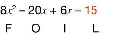 The quadratic expression 8x² - 20x + 6x - 15 with the term - 15 in orange. Below, the letters F, O, I, and L are spaced apart in black under the expression.