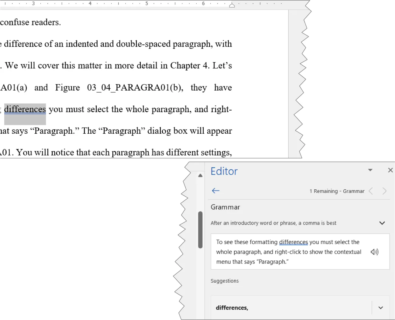 Word “differences” is highlighted in document. Editor pane opens with Grammer heading Paragraph displays with the word “differences” underlined with blue font. A suggestions heading follows with “differences,” in bold font.