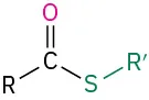 The structure of thioester in which an R group and an S R prime group are bonded to the carbonyl group on the left and right sides, respectively.