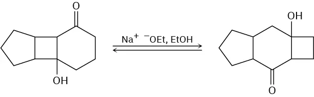 The reaction shows isomerization of a multiple-ring fused compound with sodium ethoxide in ethanol, giving a product in which a cyclohexanone ring is fused between a cyclopentane and cyclobutane ring.