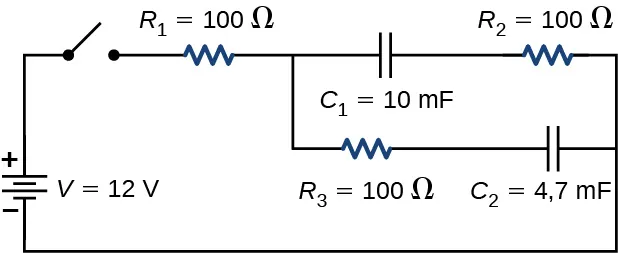 El terminal positivo de la fuente de voltaje V de 12 V está conectado a un interruptor abierto. El otro extremo del interruptor abierto se conecta al resistor R subíndice 1 de 100 Ω que se conecta a dos ramas paralelas. La primera rama tiene el condensador C subíndice 1 de 10 mF y R subíndice 2 de 100 Ω. La segunda rama tiene R subíndice 3 de 100 Ω y C subíndice 2 de 4,7 mF.