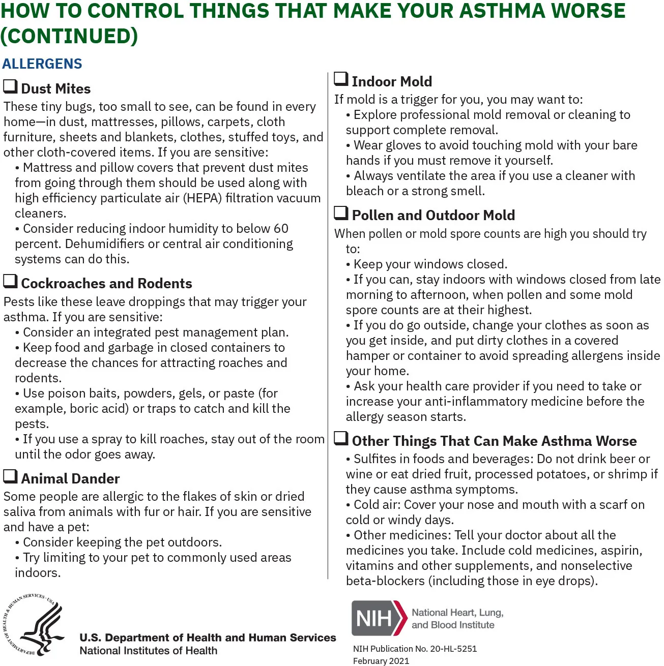 Asthma Action Plan form, showing how to control things that make your asthma worse.