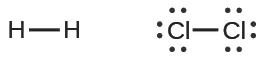 Se muestran dos estructuras de Lewis. La estructura de la izquierda muestra dos átomos de H conectados por un enlace simple. La estructura de la derecha muestra dos átomos de C l conectados por un enlace simple y cada uno rodeado por seis puntos.