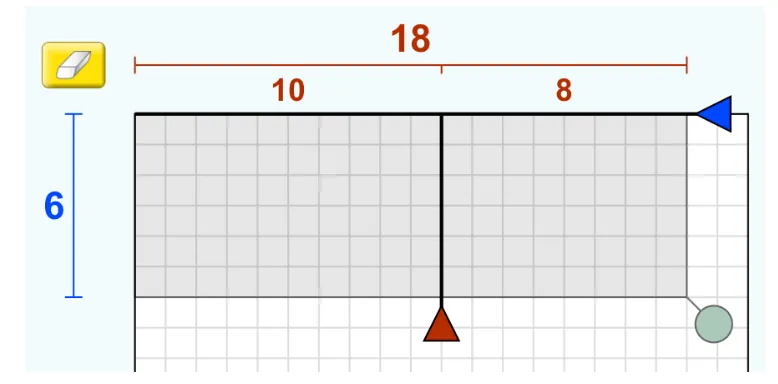 A rectangle measures 18 units wide and 6 units tall. The width is divided into segments of 10 and 8 units. Shapes include a blue triangle, a red triangle, a green circle, and an eraser icon.