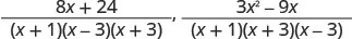 Two algebraic fractions displayed. The first is 8x+24 over (x+1)(x-3)(x+3), and the second is 3x^2-9x over (x+1)(x+3)(x-3). Both fractions have common denominators.
