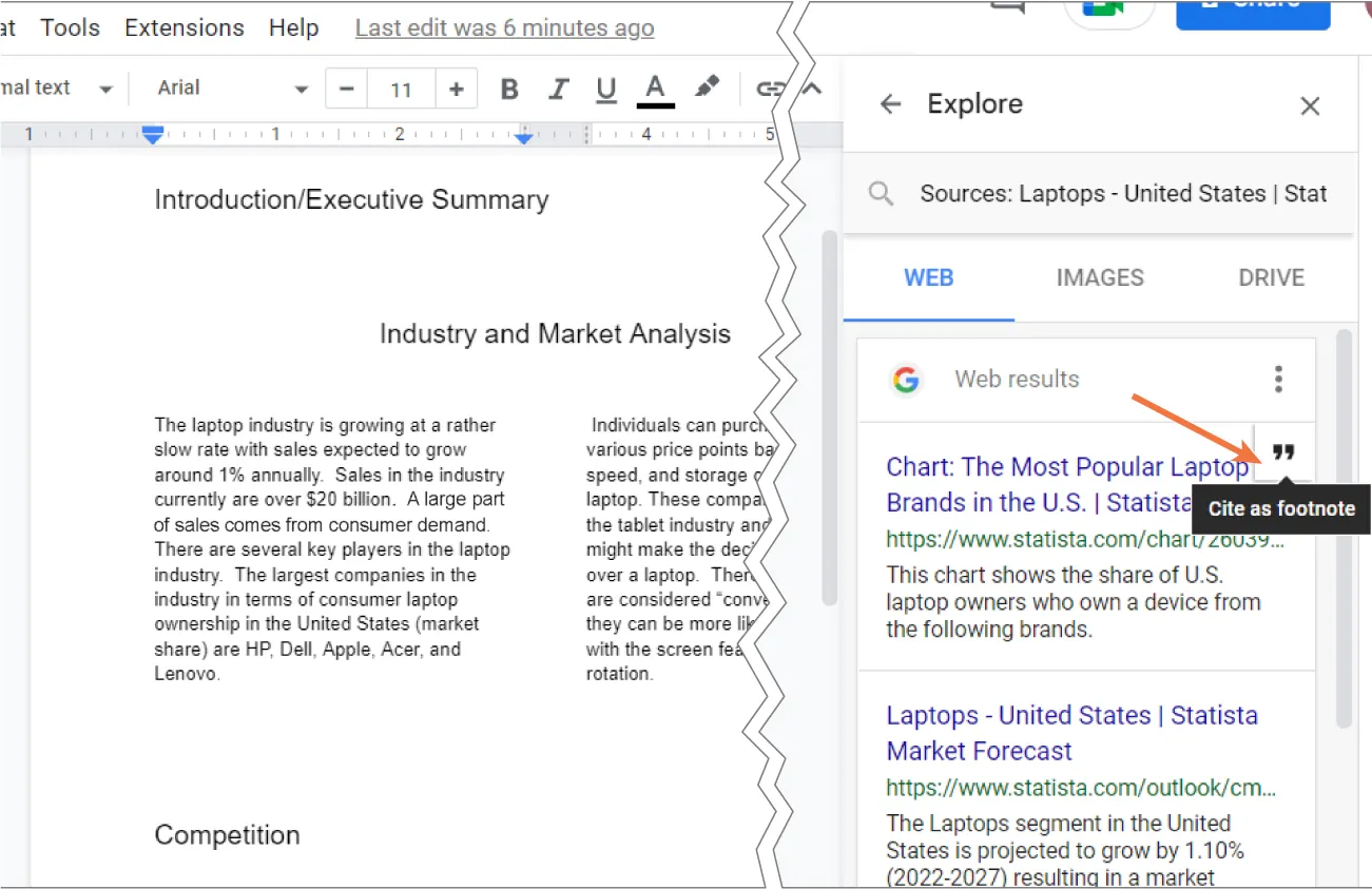An Explore pane is open with Sources: Laptops-United States in the search. In the top right corner of the first Web result a quotation mark is labeled Cite as footnote.