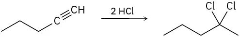 A C5 terminal alkyne reacts with two moles of hydrogen chloride to form 2,2-dichloropentane.