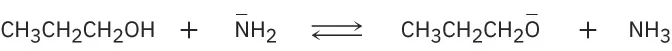In a reversible reaction, propanol reacts with a negatively charged amine to form a 3-carbon chain bonded to an oxygen ion and ammonia.