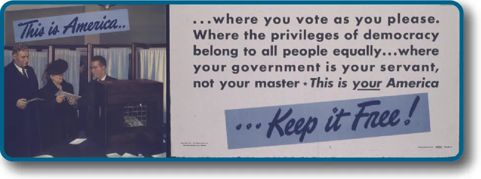An image of a poster that reads “This is America where you vote as you please, where the privileges of democracy belong to all people equally, where your government is your servant, not your master. This is your America…Keep it Free!”