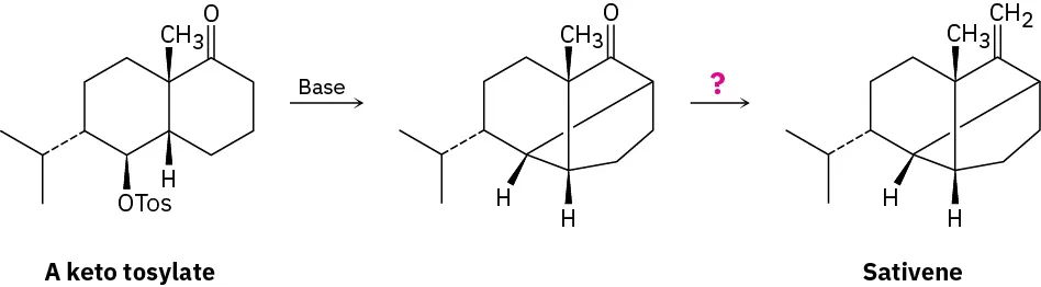A keto tosylate reacts with a base to yield an intermediate which reacts with an unknown reagent, represented by a question mark to yield sativene as a product.
