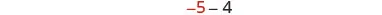 The image displays a mathematical expression '-5-4' in red and black numerals on a white background, representing a simple subtraction problem.