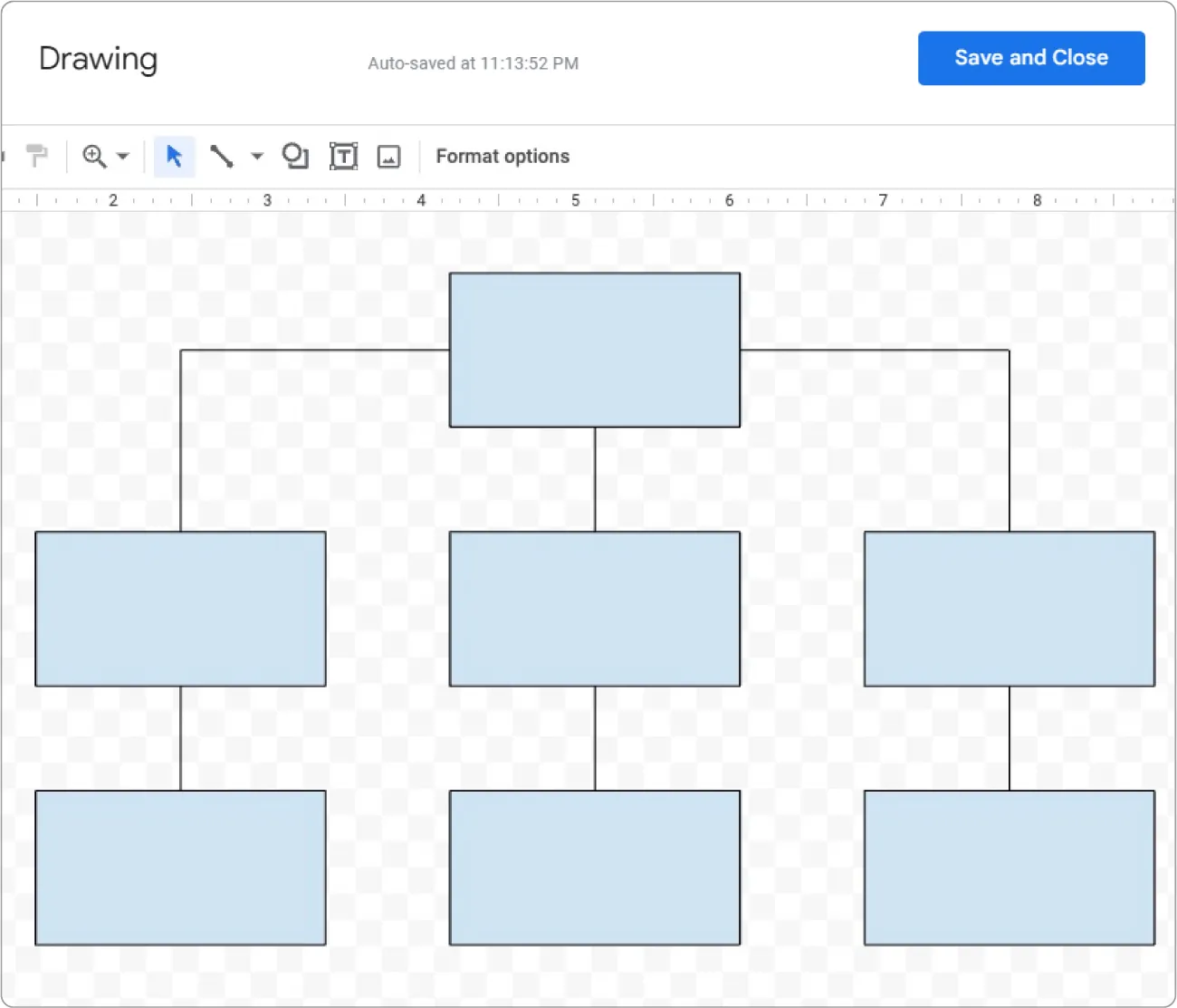 In a drawing pane, a hierarchy chart displays with one box at the top and two rows of three boxes across beneath. All the boxes are connected downward from the top box.