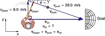 An ice hockey player is moving across the rink with velocity v player towards north direction. The goal post is in east direction. To hit the goal the hockey player must hit with velocity of puck v puck making an angle theta with the horizontal axis so that its direction is towards south east.