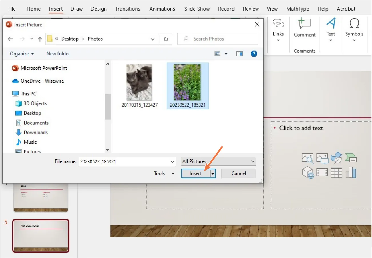 A screenshot of a PowerPoint Insert Picture pane displays thumbnail images with filenames located in Desktop > Photos and an Insert button highlighted at the bottom right.