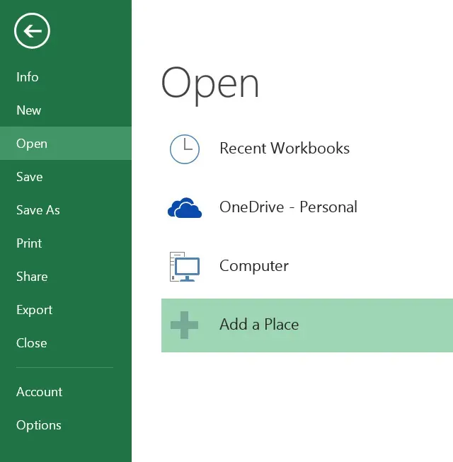 The 'Open' menu in Microsoft Excel with options to access recent workbooks, OneDrive, computer files, or add a new place to open documents from.