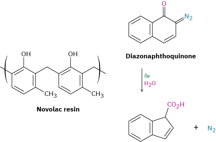 In water, diazonaphthoquinone and Novolac resin react in the presence of light to form form benzene fused to cyclopentene with C 1 bonded to carboxylic acid. Molecular nitrogen is the byproduct.