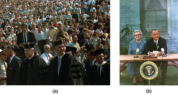 Photograph (a) shows President Johnson in academic regalia, standing alongside a crowd at the University of Michigan. Photograph (b) shows Johnson speaking while seated at a table beside an elderly woman; both have small microphones in front of them.