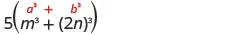 A mathematical expression showing 5 times the sum of m cubed and the quantity 2n cubed, with red 'a cubed' and 'b cubed' labels above m cubed and (2n) cubed respectively.