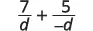 A mathematical expression showing the sum of two fractions: 7 over d plus 5 over negative d.