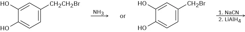 4-(2-Bromoethyl)benzene-1,2-diol reacts with ammonia or 4-(bromomethyl)benzene-1,2-diol reacts with sodium cyanide, then lithium aluminum hydride.