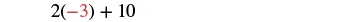 The mathematical expression 2(-3) + 10 is displayed on a white background, representing a calculation where two is multiplied by negative three, and then ten is added to the product.