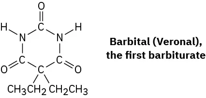 Structure of Barbital (Veronal) is a six-membered ring comprising of carbonyl groups at positions1, 3, and 5, N H groups at positions 2 and 6, and a carbon at position 4 bearing two ethyl groups.