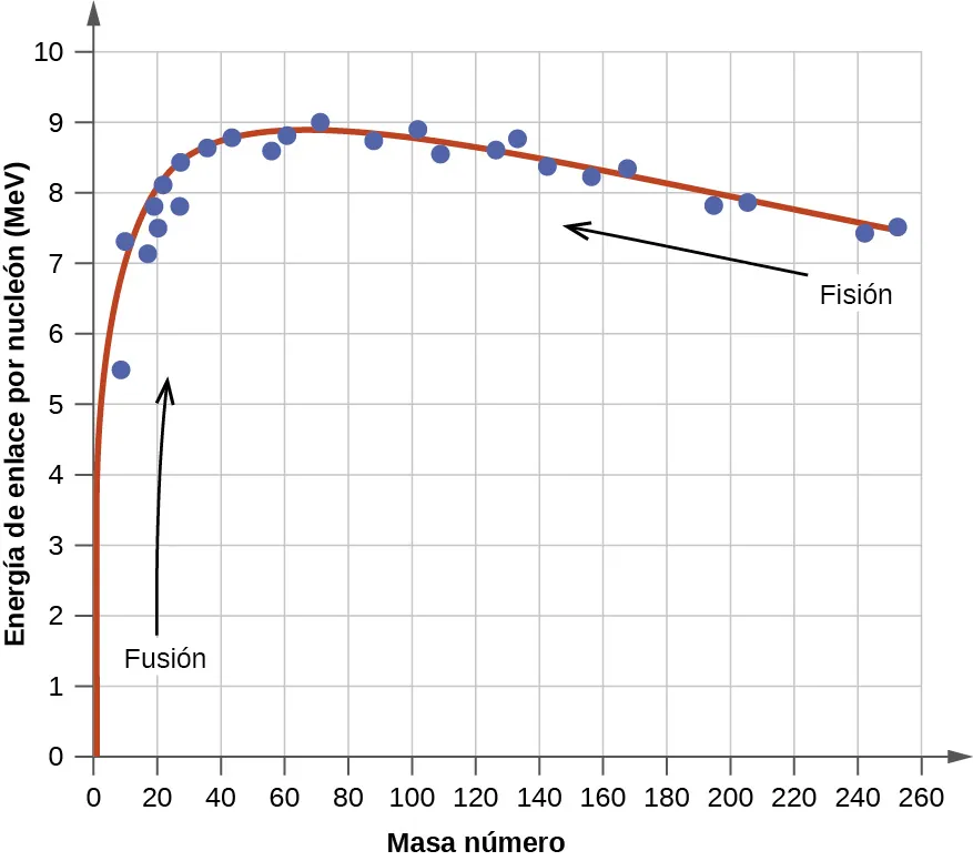 Se muestra un gráfico en el que el eje x está marcado como "energía de enlace por nucleón (M e V)" y tiene valores de 0 a 10 en incrementos de 1. El eje y está marcado como "número de masa" y tiene valores de 0 a 260 en incrementos de 20. Se traza una línea de mejor ajuste que comienza en el punto 0, 0 y pasa por los puntos "8, 5,5; 9, 7,3; 18, 7,1; 20, 7,5; 19, 7,9; 27, 7,8; 21, 8,1; 25, 8,4; 37, 8,6; 43, 8,8; 57, 8,6; 60, 8,9; 70, 9; 88, 8,8; 102, 8,9; 108, 8,5; 126, 8,7; 133, 8,8; 143, 8,2; 157, 8,1; 167, 8,2; 195, 7,9; 205, 7,9; 241, 7,3 y 255, 75. La flecha hacia arriba, cerca de la parte inferior izquierda del gráfico, está marcada como "fusión", mientras que una flecha hacia la izquierda, cerca de la parte superior derecha, está marcada como "fisión".