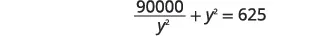 A mathematical equation is displayed on a white background: 90000/y^2 + y^2 = 625. The numbers and symbols are rendered in black.