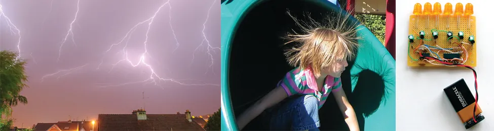 Three photographs are shown in this figure. The first shows lightning against a dark evening sky. The second shows a child at the open base of a green plastic playground tube slide. The child’s hair is sticking up and the child’s shadow on the base of the slide shows the child’s hair sticking up and out in all directions. The final picture shows a 9 volt battery from which red and blue coated wire that is twisted together extend from the battery terminals to the lower region of a yellow platform or board. Above this region are six resistors in a horizontal row, evenly spaced horizontally across the span of the board. Green, blue, and white wires are also visible on the board. 6 orange L E D light bulbs extend from the upper edge of the platform in a horizontal line parallel to the pegs.