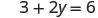 A mathematical equation is displayed with the expression '3 + 2y = 6'. The equation consists of the numbers 3, 2, and 6, the variable y, and the operators for addition and equality.